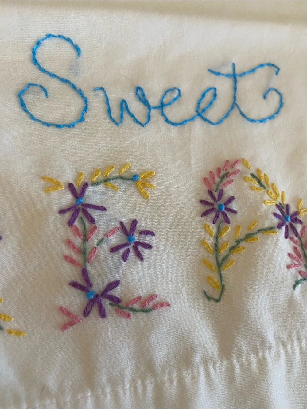 Vintage Hand Embroidered Sweet Dreams Pillowcases Pair